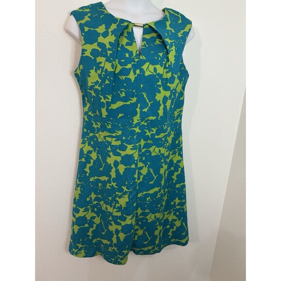 Ashley Stewart Dress Womens 14 Green Blue Floral Sleeveless Rayon Linen Mod MIDI - Picture 1 of 7